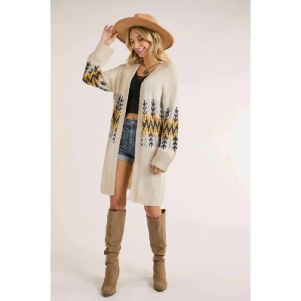 Ivory Mustard Tribal Pattern Puff Sleeve Knit Cardigan Sweater Fall Winter - Picture 4 of 7